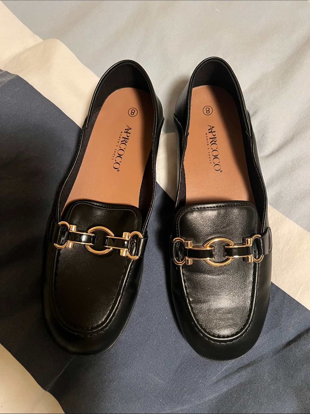 Black Leather Loafers with Gold Chain Detail - Women
